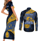 Personalized West Coast Eagles Football Couples Matching Short Sleeve Bodycon Dress and Long Sleeve Button Shirt Easter Egg Pattern Blue Gold Tribal Dot Art Style