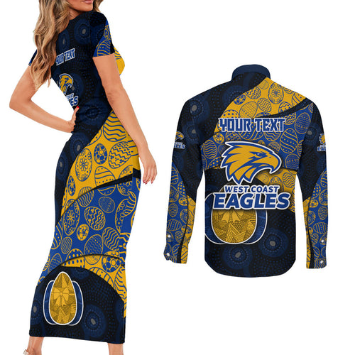 Personalized West Coast Eagles Football Couples Matching Short Sleeve Bodycon Dress and Long Sleeve Button Shirt Easter Egg Pattern Blue Gold Tribal Dot Art Style