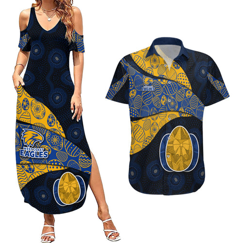 Personalized West Coast Eagles Football Couples Matching Summer Maxi Dress and Hawaiian Shirt Easter Egg Pattern Blue Gold Tribal Dot Art Style