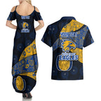 Personalized West Coast Eagles Football Couples Matching Summer Maxi Dress and Hawaiian Shirt Easter Egg Pattern Blue Gold Tribal Dot Art Style