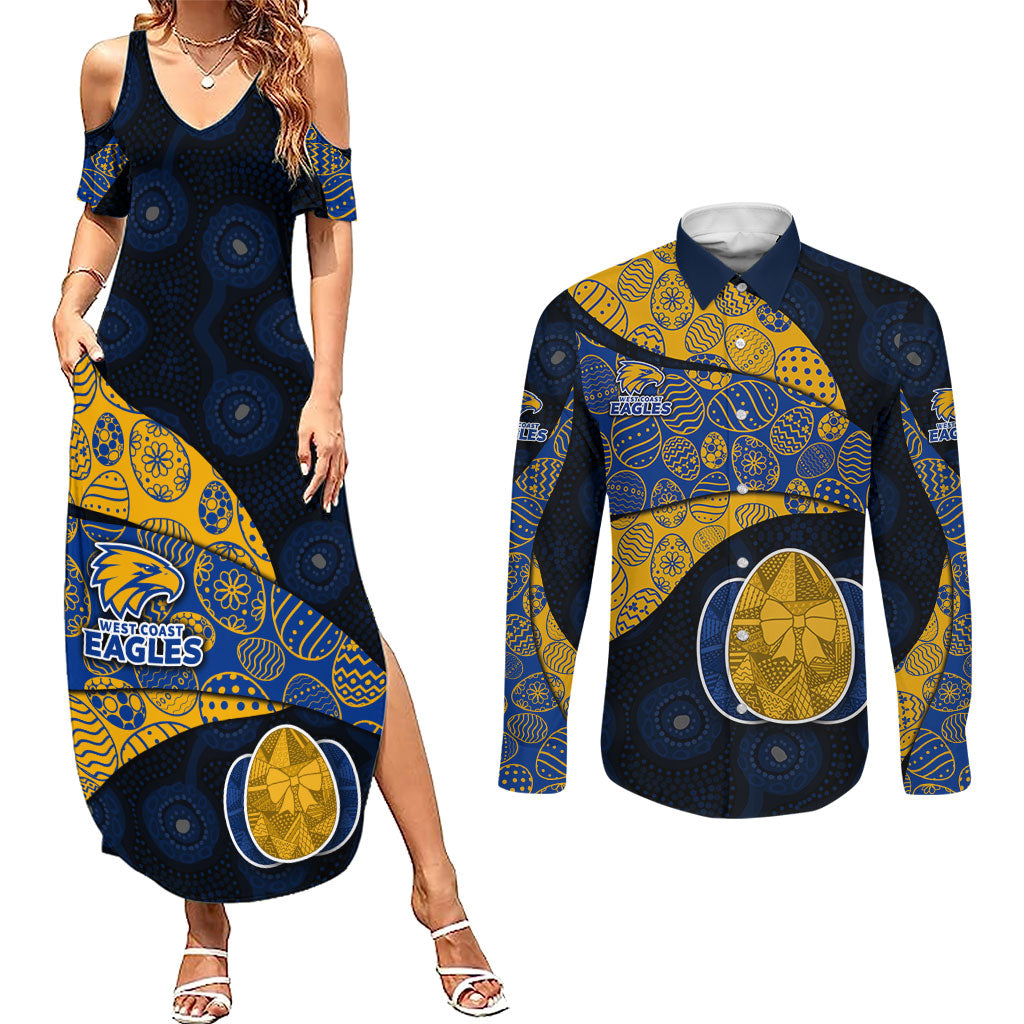 Personalized West Coast Eagles Football Couples Matching Summer Maxi Dress and Long Sleeve Button Shirt Easter Egg Pattern Blue Gold Tribal Dot Art Style