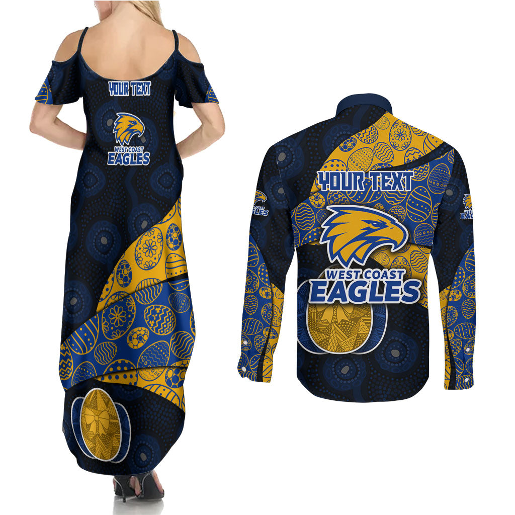 Personalized West Coast Eagles Football Couples Matching Summer Maxi Dress and Long Sleeve Button Shirt Easter Egg Pattern Blue Gold Tribal Dot Art Style
