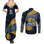 Personalized West Coast Eagles Football Couples Matching Summer Maxi Dress and Long Sleeve Button Shirt Easter Egg Pattern Blue Gold Tribal Dot Art Style