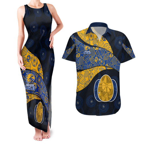 Personalized West Coast Eagles Football Couples Matching Tank Maxi Dress and Hawaiian Shirt Easter Egg Pattern Blue Gold Tribal Dot Art Style