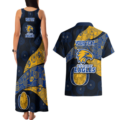 Personalized West Coast Eagles Football Couples Matching Tank Maxi Dress and Hawaiian Shirt Easter Egg Pattern Blue Gold Tribal Dot Art Style