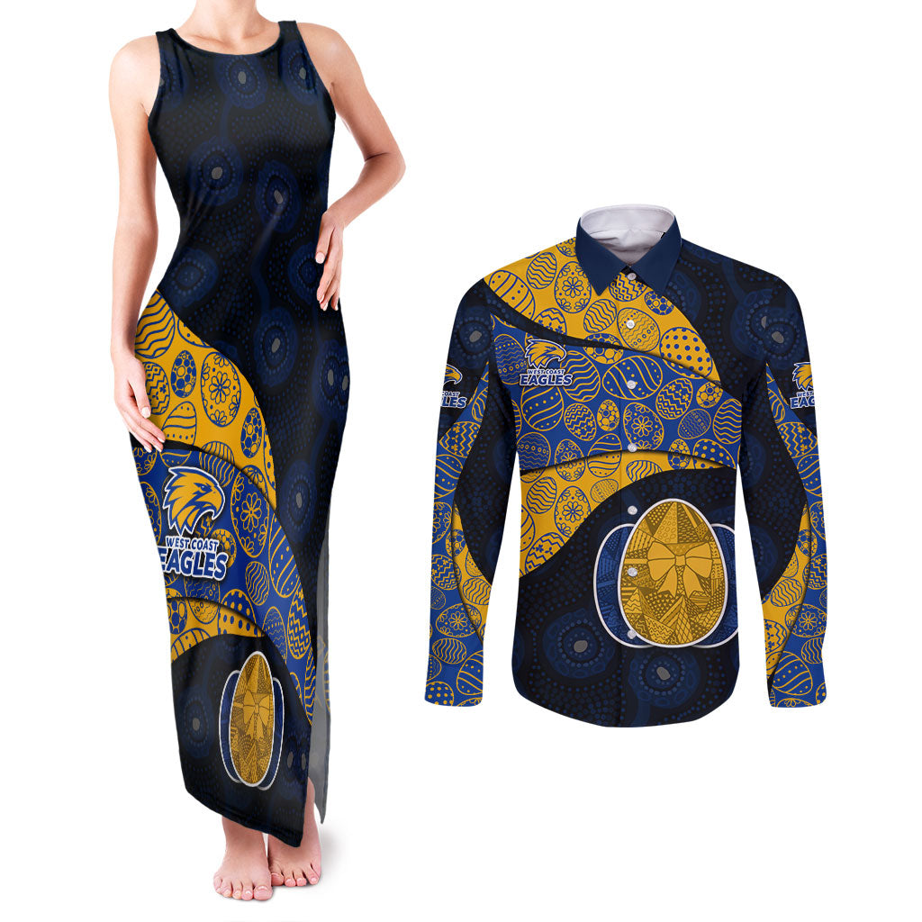 Personalized West Coast Eagles Football Couples Matching Tank Maxi Dress and Long Sleeve Button Shirt Easter Egg Pattern Blue Gold Tribal Dot Art Style