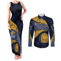 Personalized West Coast Eagles Football Couples Matching Tank Maxi Dress and Long Sleeve Button Shirt Easter Egg Pattern Blue Gold Tribal Dot Art Style