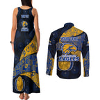 Personalized West Coast Eagles Football Couples Matching Tank Maxi Dress and Long Sleeve Button Shirt Easter Egg Pattern Blue Gold Tribal Dot Art Style