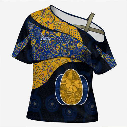 Personalized West Coast Eagles Football Cross Shoulder Shirt Easter Egg Pattern Blue Gold Tribal Dot Art Style
