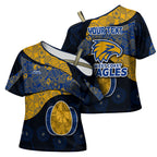 Personalized West Coast Eagles Football Cross Shoulder Shirt Easter Egg Pattern Blue Gold Tribal Dot Art Style