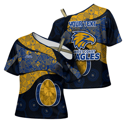 Personalized West Coast Eagles Football Cross Shoulder Shirt Easter Egg Pattern Blue Gold Tribal Dot Art Style