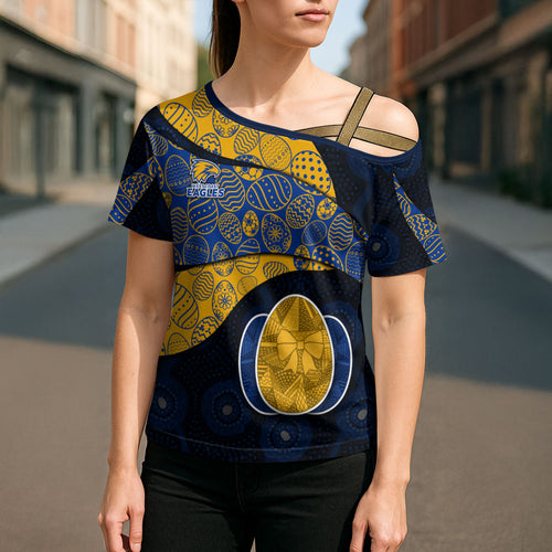 Personalized West Coast Eagles Football Cross Shoulder Shirt Easter Egg Pattern Blue Gold Tribal Dot Art Style