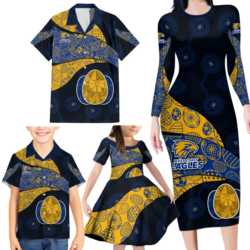 Personalized West Coast Eagles Football Family Matching Long Sleeve Bodycon Dress and Hawaiian Shirt Easter Egg Pattern Blue Gold Tribal Dot Art Style