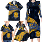 Personalized West Coast Eagles Football Family Matching Long Sleeve Bodycon Dress and Hawaiian Shirt Easter Egg Pattern Blue Gold Tribal Dot Art Style