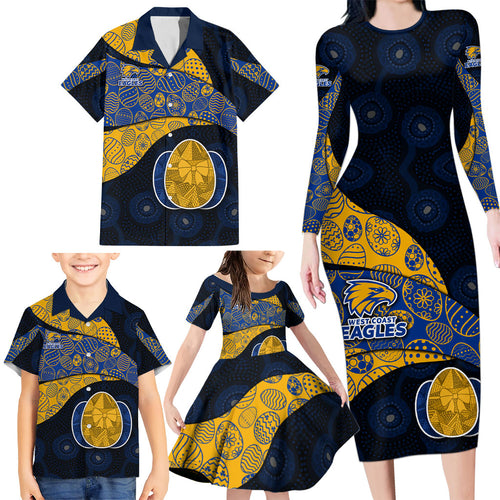 Personalized West Coast Eagles Football Family Matching Long Sleeve Bodycon Dress and Hawaiian Shirt Easter Egg Pattern Blue Gold Tribal Dot Art Style