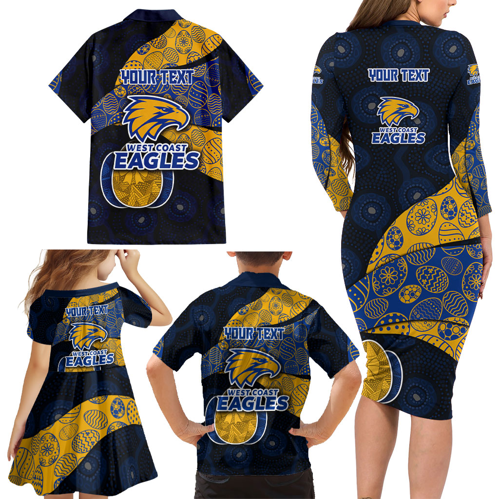 Personalized West Coast Eagles Football Family Matching Long Sleeve Bodycon Dress and Hawaiian Shirt Easter Egg Pattern Blue Gold Tribal Dot Art Style