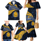Personalized West Coast Eagles Football Family Matching Mermaid Dress and Hawaiian Shirt Easter Egg Pattern Blue Gold Tribal Dot Art Style
