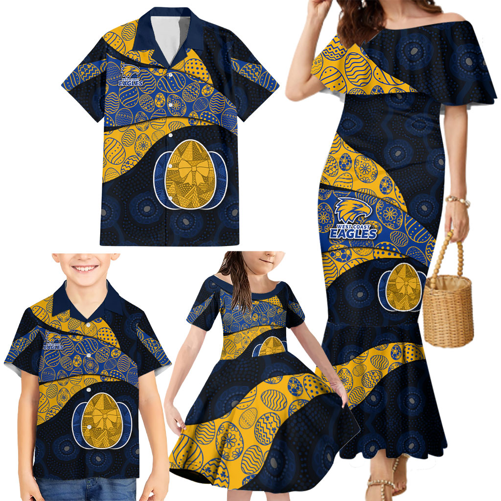 Personalized West Coast Eagles Football Family Matching Mermaid Dress and Hawaiian Shirt Easter Egg Pattern Blue Gold Tribal Dot Art Style