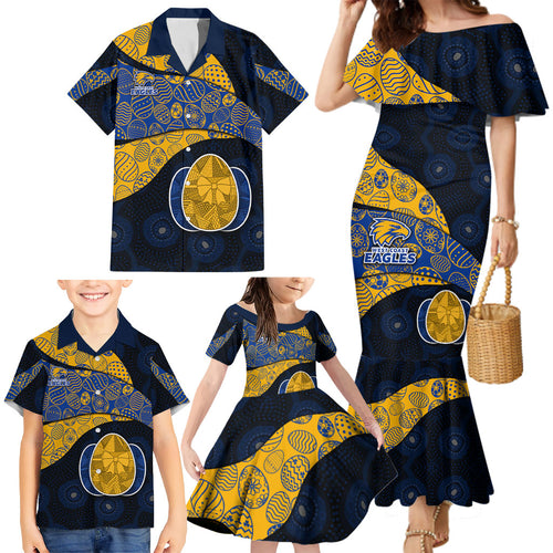 Personalized West Coast Eagles Football Family Matching Mermaid Dress and Hawaiian Shirt Easter Egg Pattern Blue Gold Tribal Dot Art Style