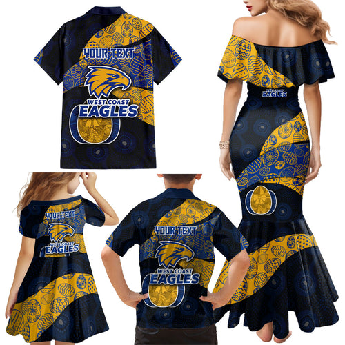Personalized West Coast Eagles Football Family Matching Mermaid Dress and Hawaiian Shirt Easter Egg Pattern Blue Gold Tribal Dot Art Style