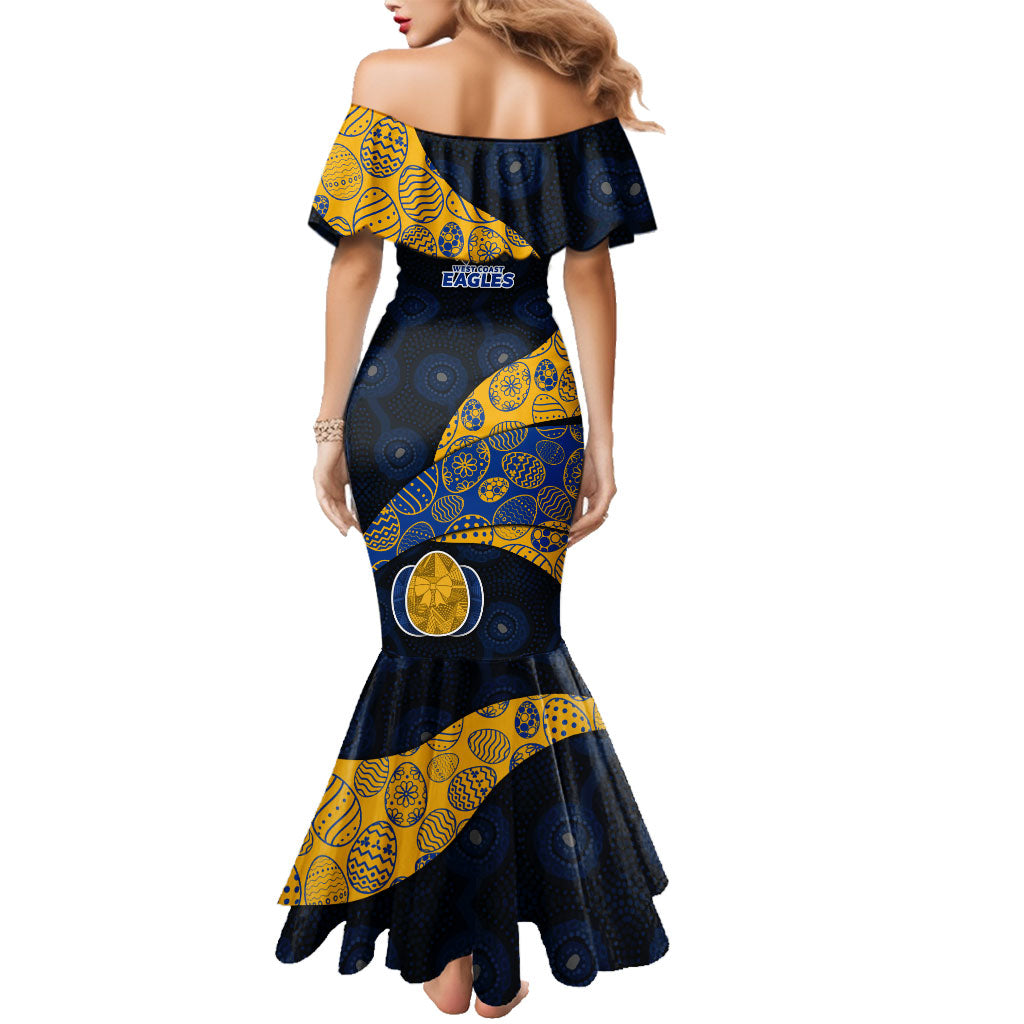 Personalized West Coast Eagles Football Family Matching Mermaid Dress and Hawaiian Shirt Easter Egg Pattern Blue Gold Tribal Dot Art Style
