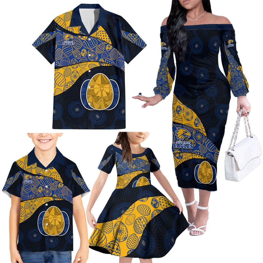 Personalized West Coast Eagles Football Family Matching Off The Shoulder Long Sleeve Dress and Hawaiian Shirt Easter Egg Pattern Blue Gold Tribal Dot Art Style