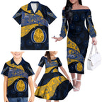 Personalized West Coast Eagles Football Family Matching Off The Shoulder Long Sleeve Dress and Hawaiian Shirt Easter Egg Pattern Blue Gold Tribal Dot Art Style