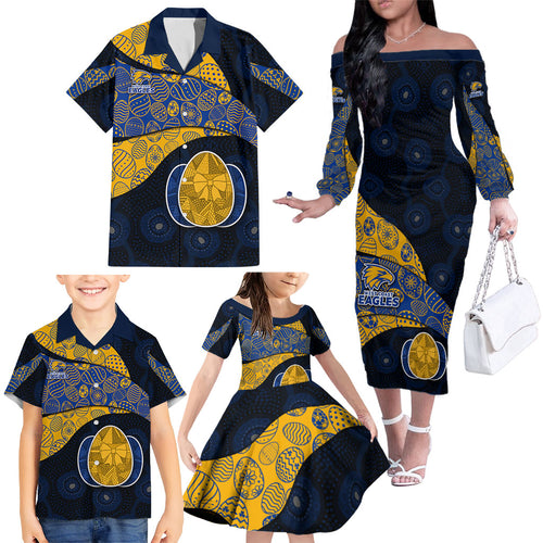 Personalized West Coast Eagles Football Family Matching Off The Shoulder Long Sleeve Dress and Hawaiian Shirt Easter Egg Pattern Blue Gold Tribal Dot Art Style