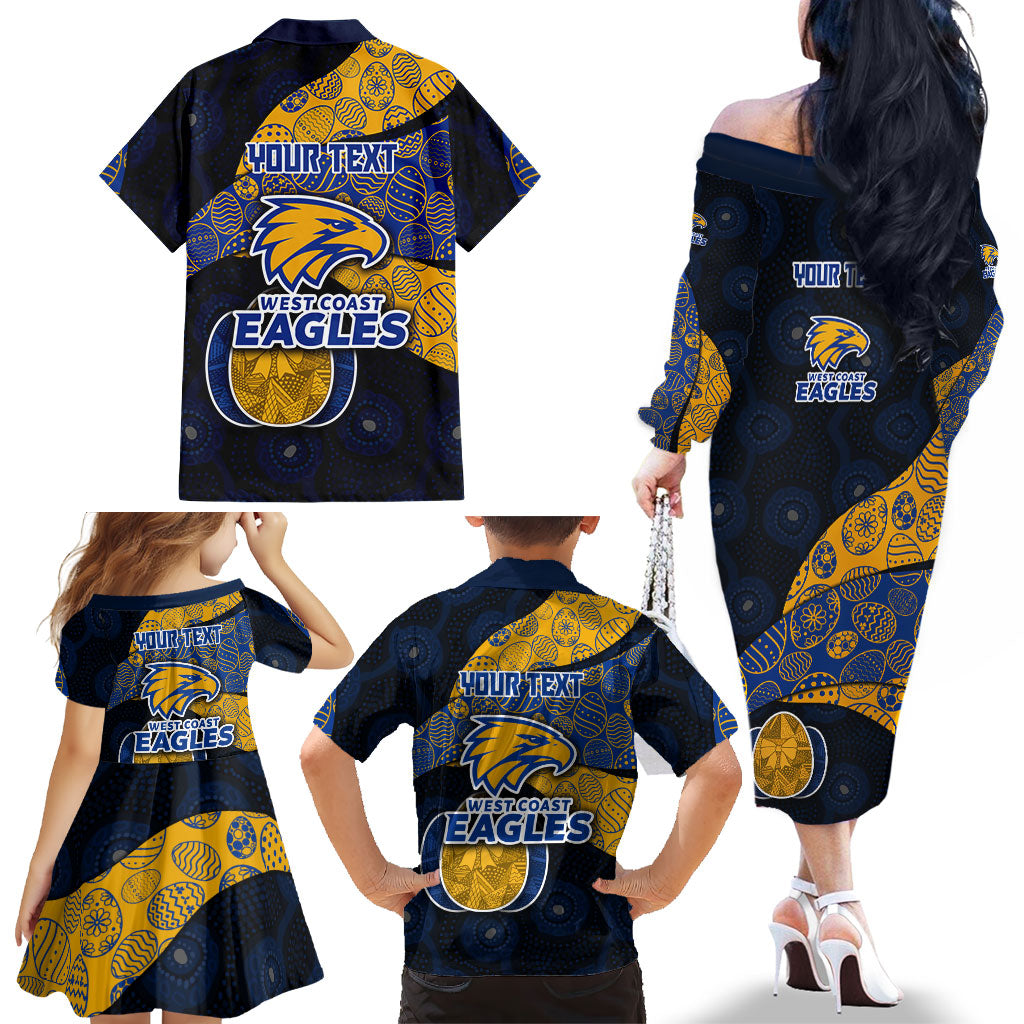 Personalized West Coast Eagles Football Family Matching Off The Shoulder Long Sleeve Dress and Hawaiian Shirt Easter Egg Pattern Blue Gold Tribal Dot Art Style