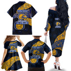 Personalized West Coast Eagles Football Family Matching Off The Shoulder Long Sleeve Dress and Hawaiian Shirt Easter Egg Pattern Blue Gold Tribal Dot Art Style