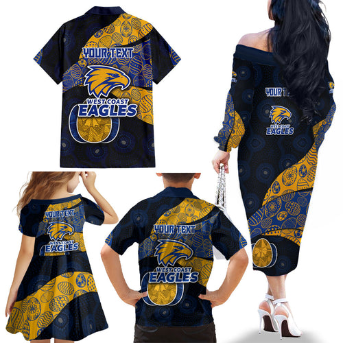Personalized West Coast Eagles Football Family Matching Off The Shoulder Long Sleeve Dress and Hawaiian Shirt Easter Egg Pattern Blue Gold Tribal Dot Art Style