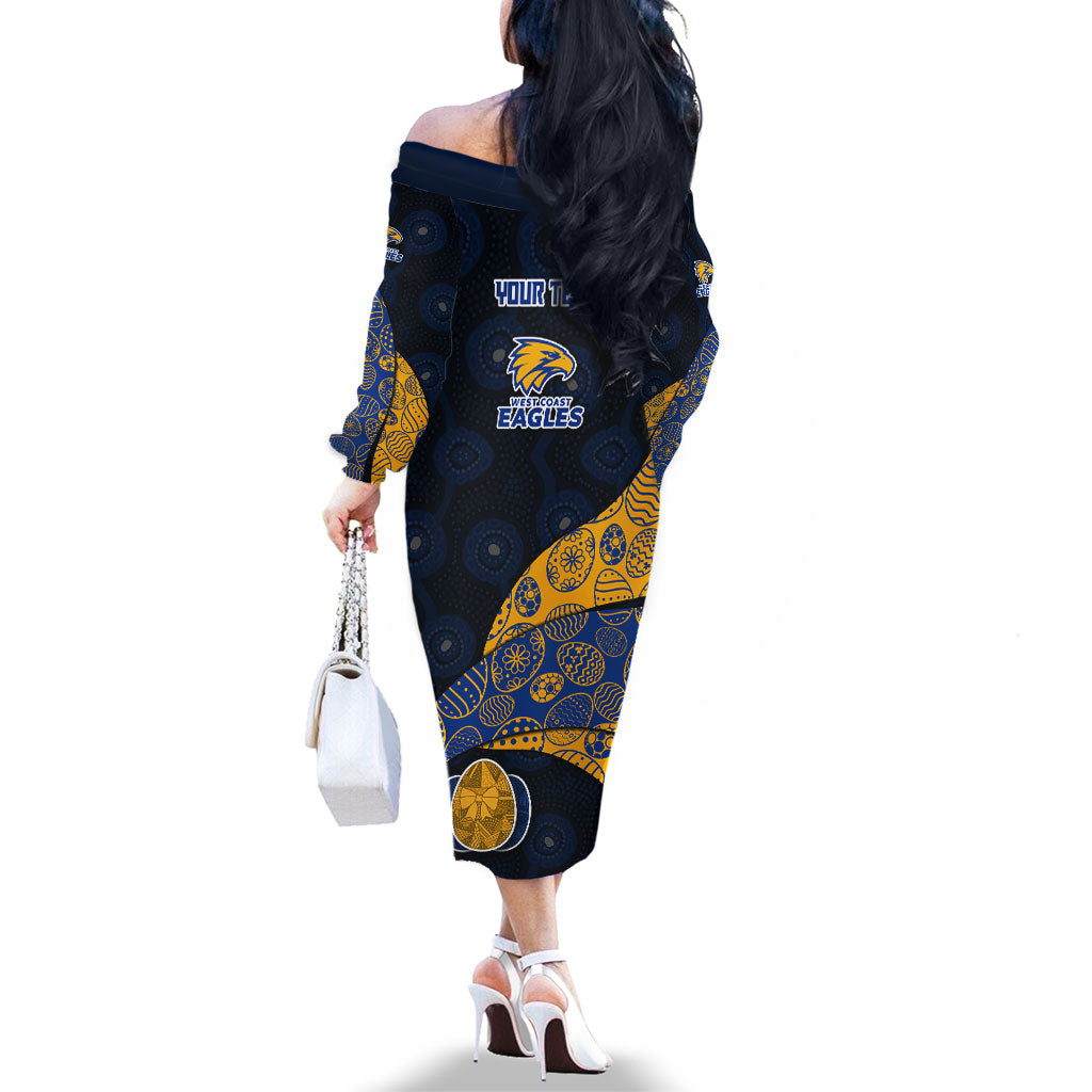 Personalized West Coast Eagles Football Family Matching Off The Shoulder Long Sleeve Dress and Hawaiian Shirt Easter Egg Pattern Blue Gold Tribal Dot Art Style