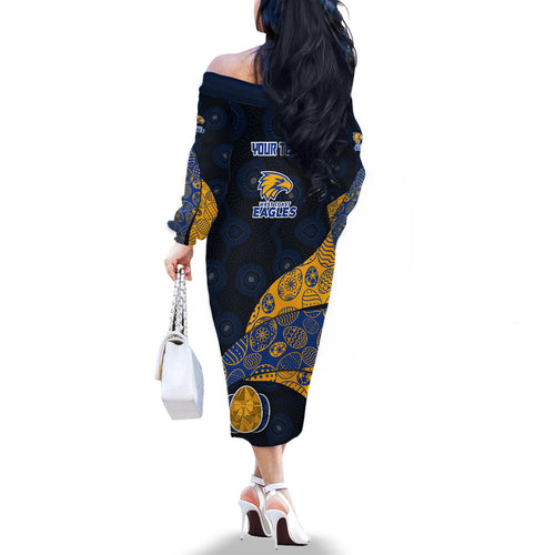 Personalized West Coast Eagles Football Family Matching Off The Shoulder Long Sleeve Dress and Hawaiian Shirt Easter Egg Pattern Blue Gold Tribal Dot Art Style