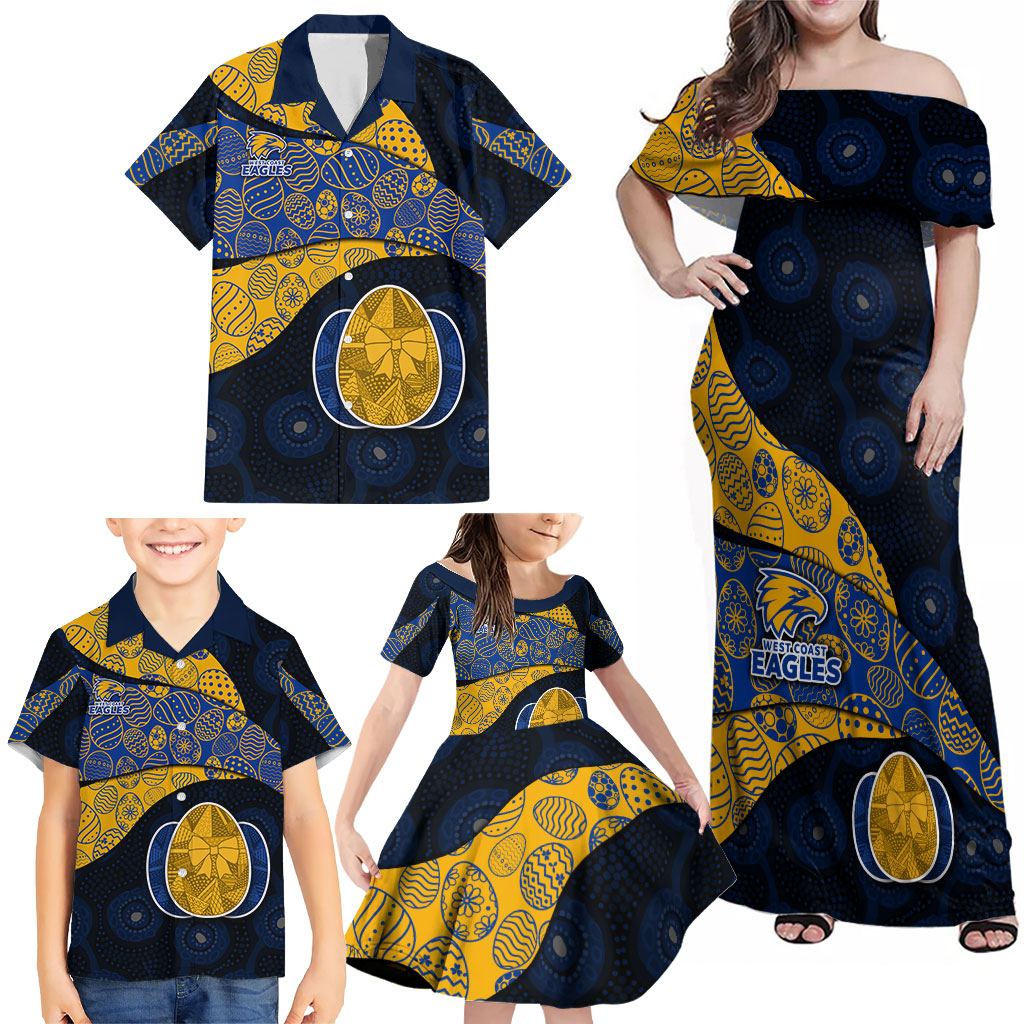 Personalized West Coast Eagles Football Family Matching Off Shoulder Maxi Dress and Hawaiian Shirt Easter Egg Pattern Blue Gold Tribal Dot Art Style