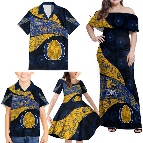 Personalized West Coast Eagles Football Family Matching Off Shoulder Maxi Dress and Hawaiian Shirt Easter Egg Pattern Blue Gold Tribal Dot Art Style