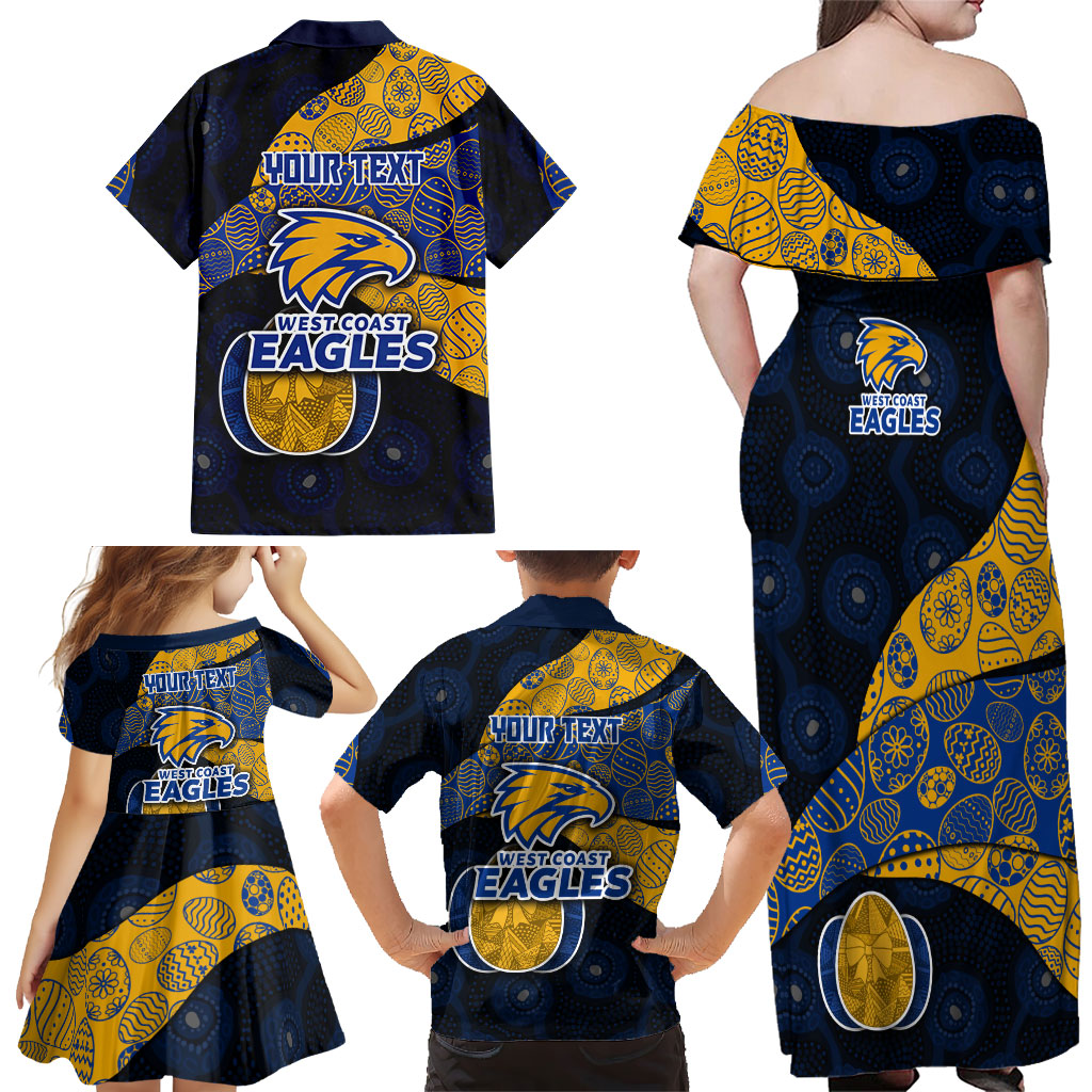 Personalized West Coast Eagles Football Family Matching Off Shoulder Maxi Dress and Hawaiian Shirt Easter Egg Pattern Blue Gold Tribal Dot Art Style
