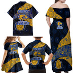 Personalized West Coast Eagles Football Family Matching Off Shoulder Maxi Dress and Hawaiian Shirt Easter Egg Pattern Blue Gold Tribal Dot Art Style