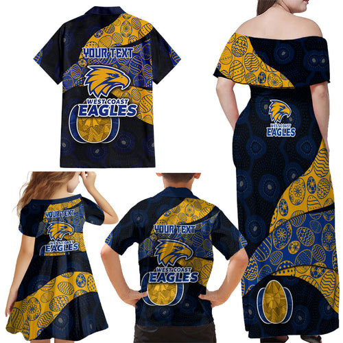 Personalized West Coast Eagles Football Family Matching Off Shoulder Maxi Dress and Hawaiian Shirt Easter Egg Pattern Blue Gold Tribal Dot Art Style