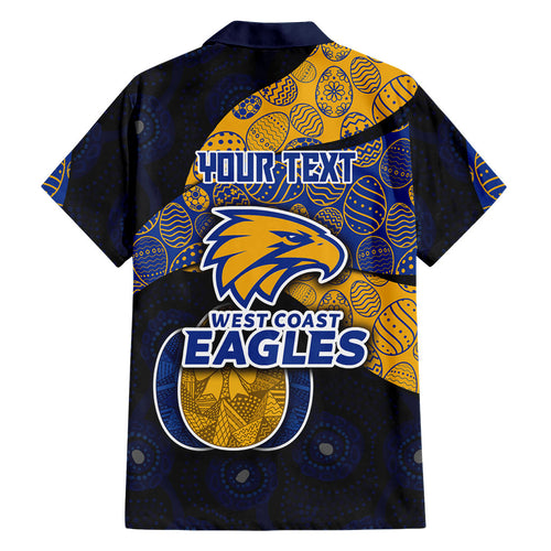 Personalized West Coast Eagles Football Family Matching Off Shoulder Maxi Dress and Hawaiian Shirt Easter Egg Pattern Blue Gold Tribal Dot Art Style
