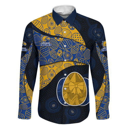Personalized West Coast Eagles Football Family Matching Off Shoulder Maxi Dress and Hawaiian Shirt Easter Egg Pattern Blue Gold Tribal Dot Art Style