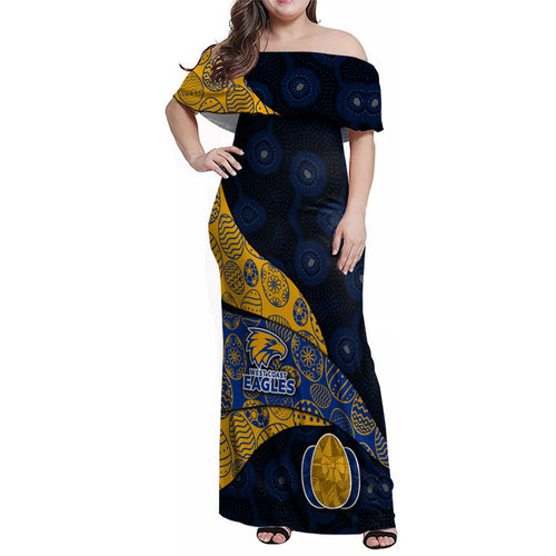 Personalized West Coast Eagles Football Family Matching Off Shoulder Maxi Dress and Hawaiian Shirt Easter Egg Pattern Blue Gold Tribal Dot Art Style