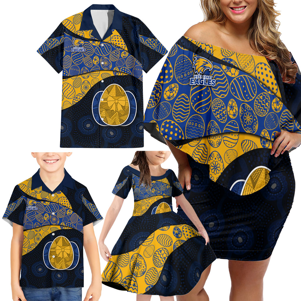 Personalized West Coast Eagles Football Family Matching Off Shoulder Short Dress and Hawaiian Shirt Easter Egg Pattern Blue Gold Tribal Dot Art Style