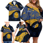 Personalized West Coast Eagles Football Family Matching Off Shoulder Short Dress and Hawaiian Shirt Easter Egg Pattern Blue Gold Tribal Dot Art Style