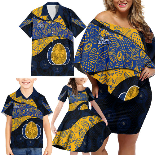 Personalized West Coast Eagles Football Family Matching Off Shoulder Short Dress and Hawaiian Shirt Easter Egg Pattern Blue Gold Tribal Dot Art Style