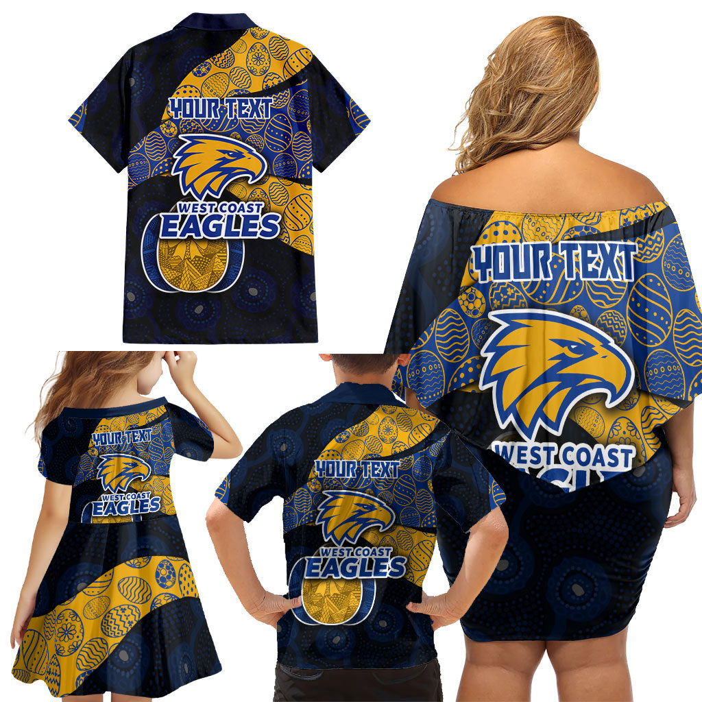 Personalized West Coast Eagles Football Family Matching Off Shoulder Short Dress and Hawaiian Shirt Easter Egg Pattern Blue Gold Tribal Dot Art Style