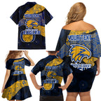 Personalized West Coast Eagles Football Family Matching Off Shoulder Short Dress and Hawaiian Shirt Easter Egg Pattern Blue Gold Tribal Dot Art Style