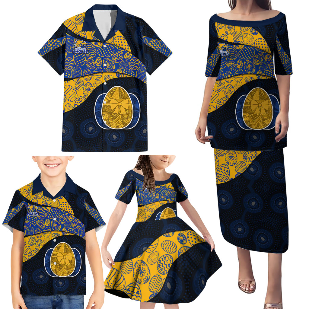 Personalized West Coast Eagles Football Family Matching Puletasi and Hawaiian Shirt Easter Egg Pattern Blue Gold Tribal Dot Art Style