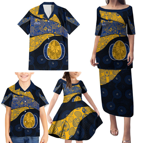 Personalized West Coast Eagles Football Family Matching Puletasi and Hawaiian Shirt Easter Egg Pattern Blue Gold Tribal Dot Art Style