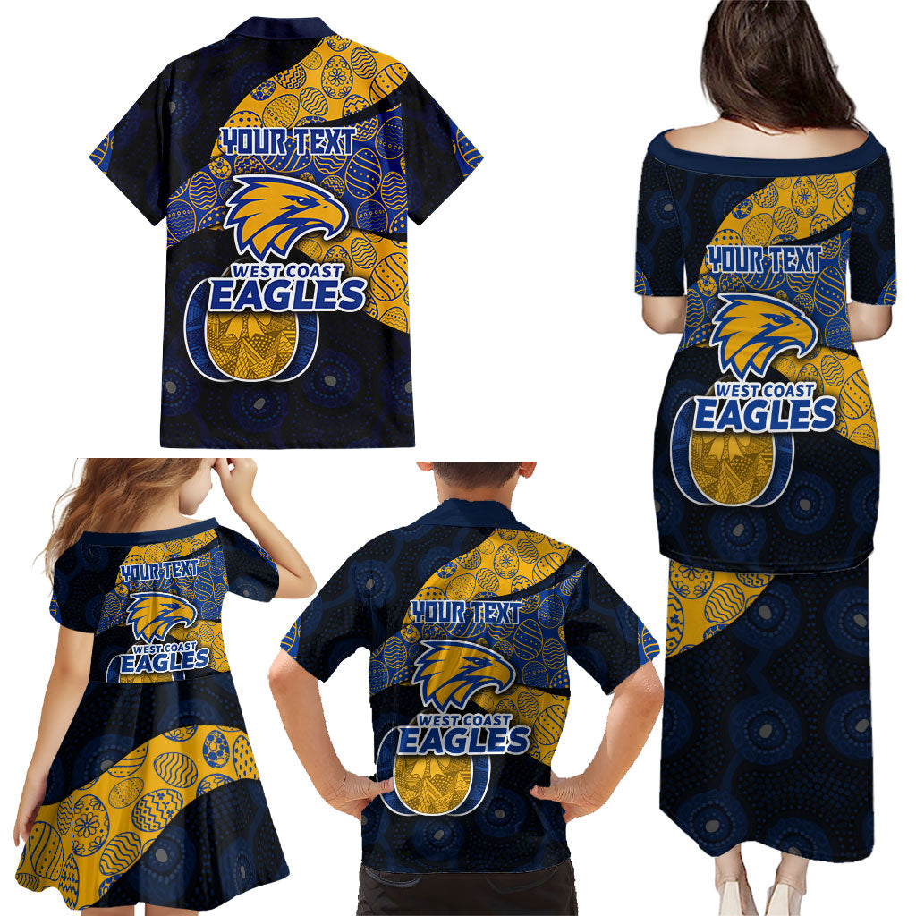 Personalized West Coast Eagles Football Family Matching Puletasi and Hawaiian Shirt Easter Egg Pattern Blue Gold Tribal Dot Art Style