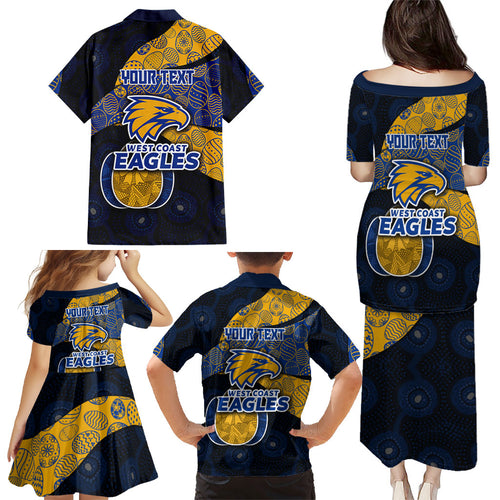 Personalized West Coast Eagles Football Family Matching Puletasi and Hawaiian Shirt Easter Egg Pattern Blue Gold Tribal Dot Art Style